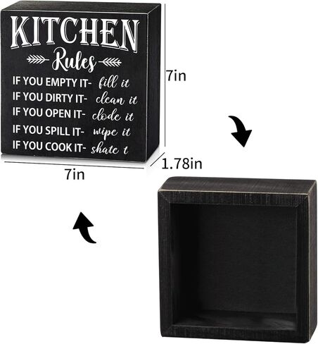 PZJIEAN 6"x6" Kitchen Rules Black Wooden Square Box Sign Plaque, Wood Box Sign Rustic Art Home Shelf Desk Kitchen Cooking Table Decor, Gift for Mom Dad Cooking Enthusiasts in Kuwait