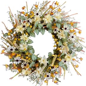 idyllic 20 Inches Autumn Front Door Wreath, Yellow and White Daisies Flowers, Ear of Wheat, Green and Spring Leaves Wreath for Front Door in Kuwait