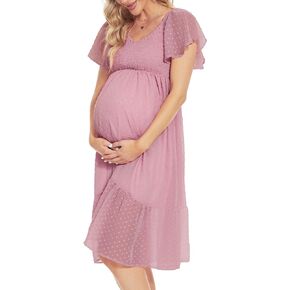 فستان أمومة منقط سويسري/أكمام رفرفة فستان متوسط ​​الطول للأمومة لالتقاط الصور لحفلات استقبال المولود الجديد وضيوف حفل الزفاف in Kuwait