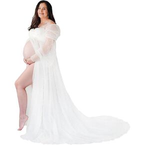 فستان حمل من PLUVIOPHILY بدون أكتاف وأكمام طويلة من التل اللؤلؤي لالتقاط الصور الفوتوغرافية لحفلات استقبال المولود الجديد in Kuwait