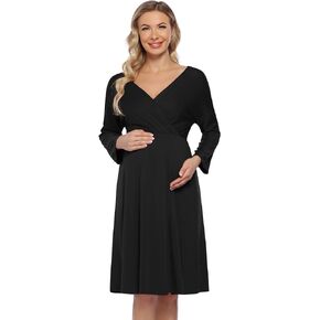 KOJOOIN Women's Maternity Long Sleeve Dress V Neck Casual A-Line Midi Dressess