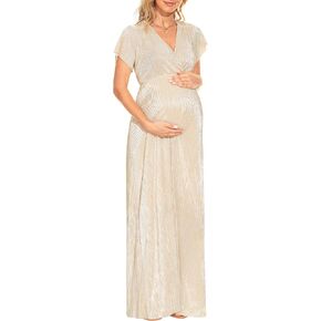 فستان طويل للحمل برقبة على شكل V لامع/فستان حمل رائع بأكمام قصيرة لالتقاط الصور لحفلة استقبال المولود الجديد in Kuwait