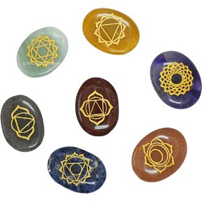 7 Chakra Oval Set Reiki Healing Crystal with Engraved Chakra Symbols - Chakra Balancing Polished Palm Stones Set with Velvet Pouch