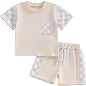 Thorn Tree Toddler Baby Girls Summer Clothes Short Sleeve Pull On T-shirt & Drawstring Shorts Plaid 2Pcs Outfits Set