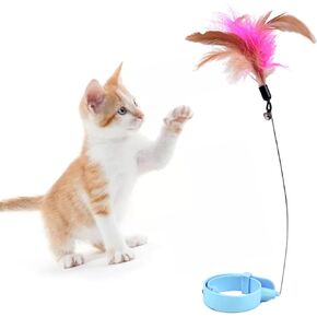 Airshi Cat Feather Collar Toys, Cat Feather Wand Collar Exercise Relieve Boredom Flexible Interactive Funny with Bell for Indoor (Blue) in Kuwait