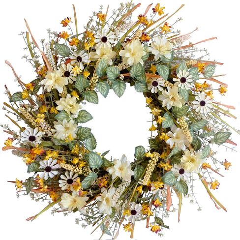 idyllic 20 Inches Autumn Front Door Wreath, Yellow and White Daisies Flowers, Ear of Wheat, Green and Spring Leaves Wreath for Front Door in Kuwait