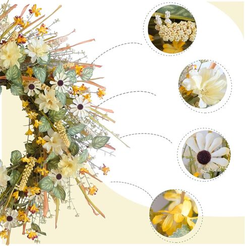 idyllic 20 Inches Autumn Front Door Wreath, Yellow and White Daisies Flowers, Ear of Wheat, Green and Spring Leaves Wreath for Front Door in Kuwait