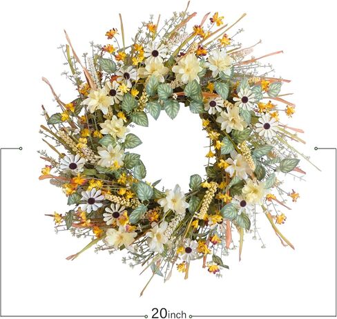 idyllic 20 Inches Autumn Front Door Wreath, Yellow and White Daisies Flowers, Ear of Wheat, Green and Spring Leaves Wreath for Front Door in Kuwait