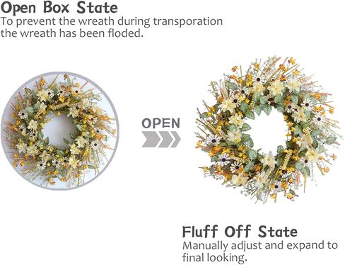 idyllic 20 Inches Autumn Front Door Wreath, Yellow and White Daisies Flowers, Ear of Wheat, Green and Spring Leaves Wreath for Front Door in Kuwait