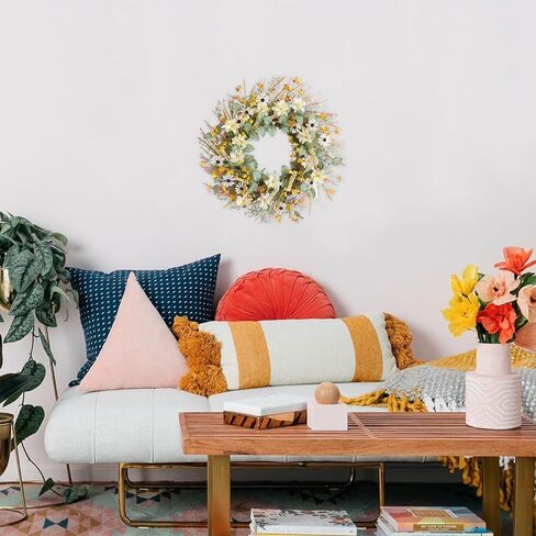 idyllic 20 Inches Autumn Front Door Wreath, Yellow and White Daisies Flowers, Ear of Wheat, Green and Spring Leaves Wreath for Front Door in Kuwait