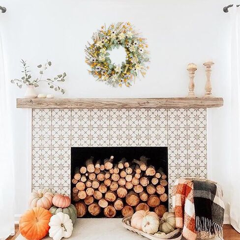 idyllic 20 Inches Autumn Front Door Wreath, Yellow and White Daisies Flowers, Ear of Wheat, Green and Spring Leaves Wreath for Front Door in Kuwait