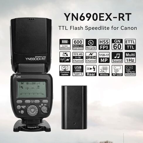 YONGNUO YN690EX-RT فلاش Speedlite اللاسلكي، GN60 TTL HSS 1/8000s فلاش الكاميرا الرئيسي والتابع لكاميرا Canon، بطارية ليثيوم أيون 2000 مللي أمبير مع واجهة شحن من النوع C in Saudi Arabia