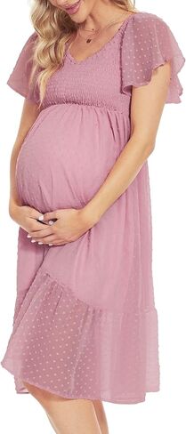 فستان أمومة منقط سويسري/أكمام رفرفة فستان متوسط ​​الطول للأمومة لالتقاط الصور لحفلات استقبال المولود الجديد وضيوف حفل الزفاف in Kuwait