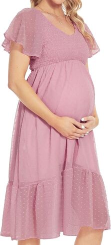 فستان أمومة منقط سويسري/أكمام رفرفة فستان متوسط ​​الطول للأمومة لالتقاط الصور لحفلات استقبال المولود الجديد وضيوف حفل الزفاف in Kuwait