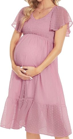 فستان أمومة منقط سويسري/أكمام رفرفة فستان متوسط ​​الطول للأمومة لالتقاط الصور لحفلات استقبال المولود الجديد وضيوف حفل الزفاف in Kuwait