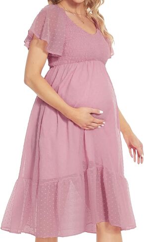 فستان أمومة منقط سويسري/أكمام رفرفة فستان متوسط ​​الطول للأمومة لالتقاط الصور لحفلات استقبال المولود الجديد وضيوف حفل الزفاف in Kuwait