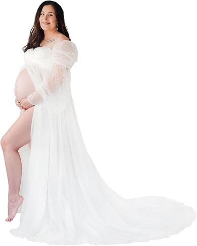 فستان حمل من PLUVIOPHILY بدون أكتاف وأكمام طويلة من التل اللؤلؤي لالتقاط الصور الفوتوغرافية لحفلات استقبال المولود الجديد in Kuwait