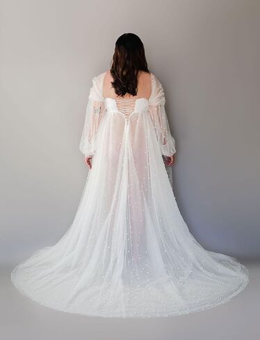 فستان حمل من PLUVIOPHILY بدون أكتاف وأكمام طويلة من التل اللؤلؤي لالتقاط الصور الفوتوغرافية لحفلات استقبال المولود الجديد in Kuwait