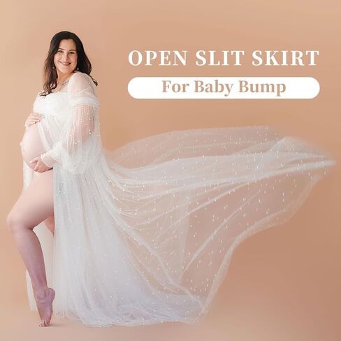 فستان حمل من PLUVIOPHILY بدون أكتاف وأكمام طويلة من التل اللؤلؤي لالتقاط الصور الفوتوغرافية لحفلات استقبال المولود الجديد in Kuwait