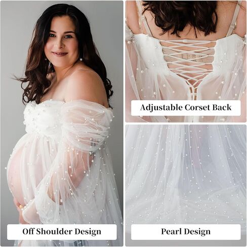 فستان حمل من PLUVIOPHILY بدون أكتاف وأكمام طويلة من التل اللؤلؤي لالتقاط الصور الفوتوغرافية لحفلات استقبال المولود الجديد in Kuwait