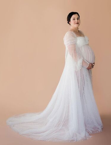 فستان حمل من PLUVIOPHILY بدون أكتاف وأكمام طويلة من التل اللؤلؤي لالتقاط الصور الفوتوغرافية لحفلات استقبال المولود الجديد in Kuwait