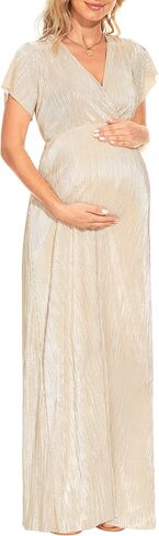 فستان طويل للحمل برقبة على شكل V لامع/فستان حمل رائع بأكمام قصيرة لالتقاط الصور لحفلة استقبال المولود الجديد in Kuwait