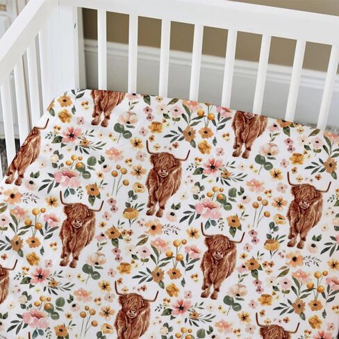 HawSkgFub Highland Cow Floral Boho ملاءة سرير قياسية مناسبة لطفلة صغيرة، غطاء مرتبة لحيوانات المزرعة الغربية الرجعية زهرة الياك للأطفال الصغار، ملاءات سرير ناعمة قابلة للتمدد لديكور الأطفال هدية مقاس 52 بوصة × 28 بوصة in Saudi Arabia