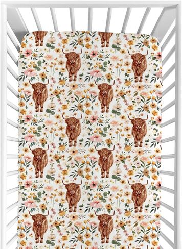 HawSkgFub Highland Cow Floral Boho ملاءة سرير قياسية مناسبة لطفلة صغيرة، غطاء مرتبة لحيوانات المزرعة الغربية الرجعية زهرة الياك للأطفال الصغار، ملاءات سرير ناعمة قابلة للتمدد لديكور الأطفال هدية مقاس 52 بوصة × 28 بوصة in Saudi Arabia