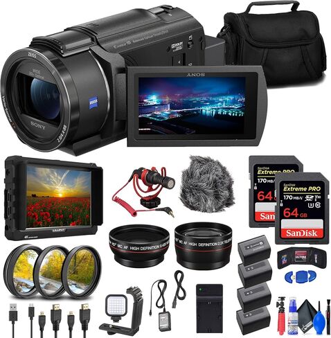 كاميرا فيديو Sony FDR-AX43 UHD 4K Handycam (FDRAX43/B) + شاشة 4K + بطاقة 2 × 64 جيجابايت + 3 بطاريات NP-FV70 + مجموعة مرشح + عدسة زاوية واسعة + عدسة مقربة + حقيبة + شاحن + قارئ بطاقات + المزيد (متجدد) in Saudi Arabia