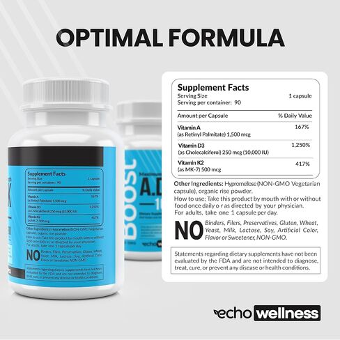 Echo Wellness ADK 10 90 ct 3 Months Supply Supplement - Vitamins A, D3 and K2 - Potent 10000 IU Vitamin D3 with Vitamin A Plus K2 for Bone, Heart, and Immune Health - 90 Easy-to-Swallow Capsules in Saudi Arabia