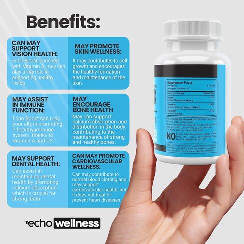 Echo Wellness ADK 10 90 ct 3 Months Supply Supplement - Vitamins A, D3 and K2 - Potent 10000 IU Vitamin D3 with Vitamin A Plus K2 for Bone, Heart, and Immune Health - 90 Easy-to-Swallow Capsules in Saudi Arabia