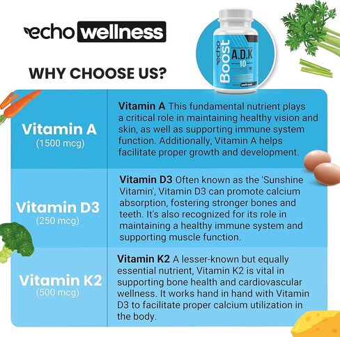 Echo Wellness ADK 10 90 ct 3 Months Supply Supplement - Vitamins A, D3 and K2 - Potent 10000 IU Vitamin D3 with Vitamin A Plus K2 for Bone, Heart, and Immune Health - 90 Easy-to-Swallow Capsules in Saudi Arabia