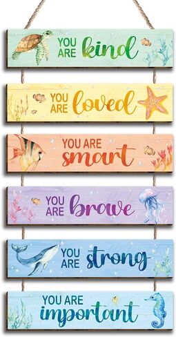 6 Pcs Ocean Decor Kids Room Placards of Wood Decor, Watercolor Ocean Inspirational Positive Quotes Works of art of Wood Wall Art Hanging Sign for Teens Children Bedroom Princess Toddler Room in Saudi Arabia