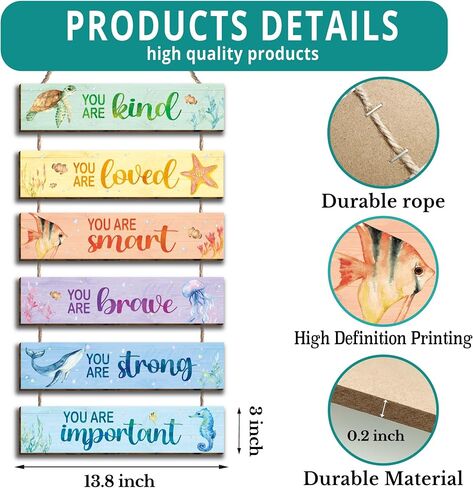 6 Pcs Ocean Decor Kids Room Placards of Wood Decor, Watercolor Ocean Inspirational Positive Quotes Works of art of Wood Wall Art Hanging Sign for Teens Children Bedroom Princess Toddler Room in Saudi Arabia