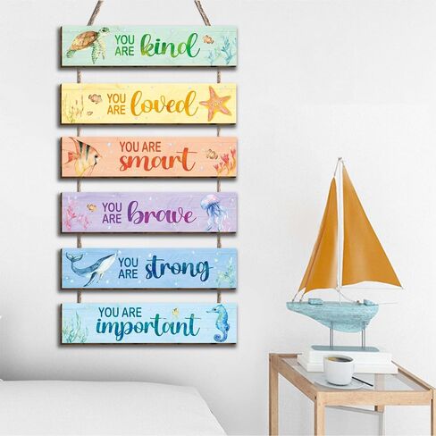 6 Pcs Ocean Decor Kids Room Placards of Wood Decor, Watercolor Ocean Inspirational Positive Quotes Works of art of Wood Wall Art Hanging Sign for Teens Children Bedroom Princess Toddler Room in Saudi Arabia