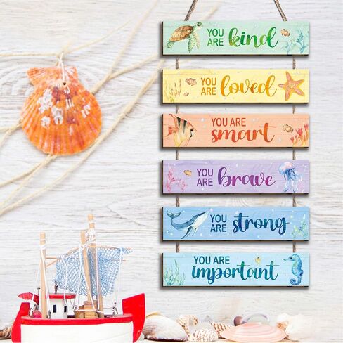 6 Pcs Ocean Decor Kids Room Placards of Wood Decor, Watercolor Ocean Inspirational Positive Quotes Works of art of Wood Wall Art Hanging Sign for Teens Children Bedroom Princess Toddler Room in Saudi Arabia
