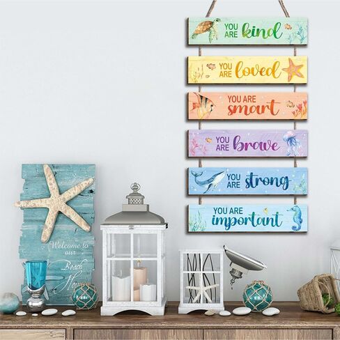 6 Pcs Ocean Decor Kids Room Placards of Wood Decor, Watercolor Ocean Inspirational Positive Quotes Works of art of Wood Wall Art Hanging Sign for Teens Children Bedroom Princess Toddler Room in Saudi Arabia