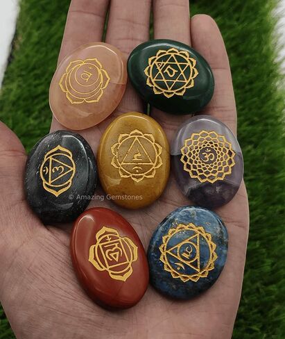 7 Chakra Oval Set Reiki Healing Crystal with Engraved Chakra Symbols - Chakra Balancing Polished Palm Stones Set with Velvet Pouch in Saudi Arabia