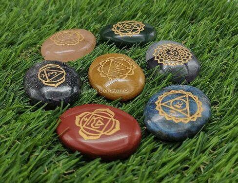 7 Chakra Oval Set Reiki Healing Crystal with Engraved Chakra Symbols - Chakra Balancing Polished Palm Stones Set with Velvet Pouch in Saudi Arabia