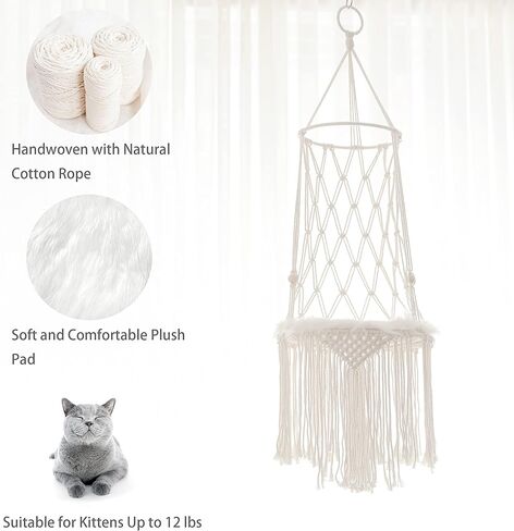 أرجوحة قطط من Azurele Boho، حبل قطني منسوج يدويًا، وسادة قطيفة ناعمة، زينة معلقة، 33.4 بوصة × 11.8 بوصة × 11.8 بوصة in Kuwait
