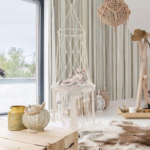أرجوحة قطط من Azurele Boho، حبل قطني منسوج يدويًا، وسادة قطيفة ناعمة، زينة معلقة، 33.4 بوصة × 11.8 بوصة × 11.8 بوصة in Kuwait