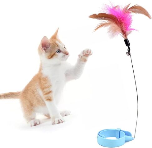Airshi Cat Feather Collar Toys, Cat Feather Wand Collar Exercise Relieve Boredom Flexible Interactive Funny with Bell for Indoor (Blue) in Kuwait