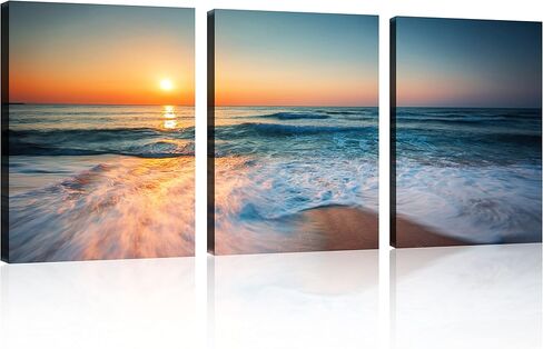 TutuBeer 3 Panel Wall Art Blue Sea Sunset White Beach Painting The Picture Print On Canvas Seascape The Pictures for Home Decor Decoration,Ready to Hang in Kuwait