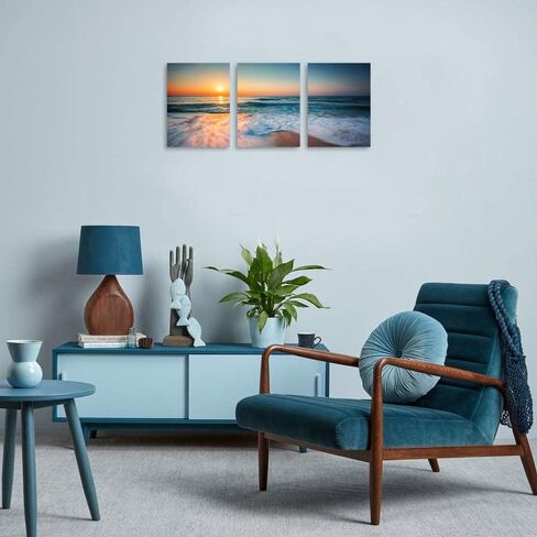 TutuBeer 3 Panel Wall Art Blue Sea Sunset White Beach Painting The Picture Print On Canvas Seascape The Pictures for Home Decor Decoration,Ready to Hang in Kuwait
