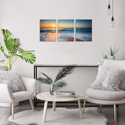 TutuBeer 3 Panel Wall Art Blue Sea Sunset White Beach Painting The Picture Print On Canvas Seascape The Pictures for Home Decor Decoration,Ready to Hang in Kuwait