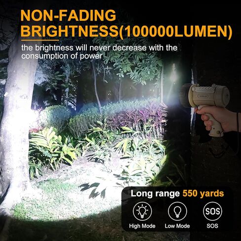 YIERBLUE مصباح كشاف كشاف قابل لإعادة الشحن مع 1000,000 لومن LED، IP67 مقاوم للماء طويل المدى كشاف كشاف، مصباح كشاف محمول مقاوم للصدمات مع حامل قابل للطي وعدسة حمراء قابلة للفصل in Kuwait