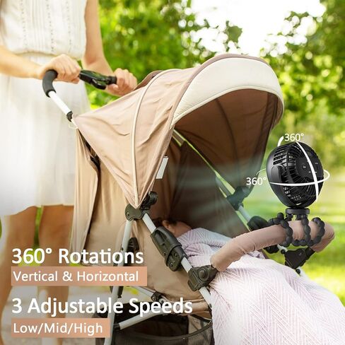 مروحة عربة الأطفال، مشبك ثلاثي مرن على مروحة الأطفال، 4 سرعات ومروحة صغيرة محمولة قابلة للدوران، تعمل بمنفذ USB أو بالبطارية، لمقاعد السيارة وسرير الأطفال والدراجة وأجهزة المشي والتخييم (أسود زائد) in Kuwait