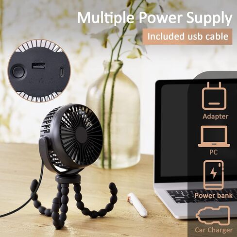 مروحة عربة الأطفال، مشبك ثلاثي مرن على مروحة الأطفال، 4 سرعات ومروحة صغيرة محمولة قابلة للدوران، تعمل بمنفذ USB أو بالبطارية، لمقاعد السيارة وسرير الأطفال والدراجة وأجهزة المشي والتخييم (أسود زائد) in Kuwait