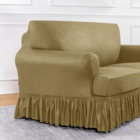 AmazeCov 3 قطع مصممة خصيصًا لأغطية وسادة T Loveseat مع 2 أغطية مقاعد قابلة للتمدد على شكل وسادة T بشكل فردي مع تنورة مكشكشة مطبوعة بجزء سفلي مرن، شوكولاتة in Kuwait