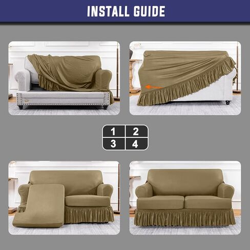 AmazeCov 3 قطع مصممة خصيصًا لأغطية وسادة T Loveseat مع 2 أغطية مقاعد قابلة للتمدد على شكل وسادة T بشكل فردي مع تنورة مكشكشة مطبوعة بجزء سفلي مرن، شوكولاتة in Kuwait